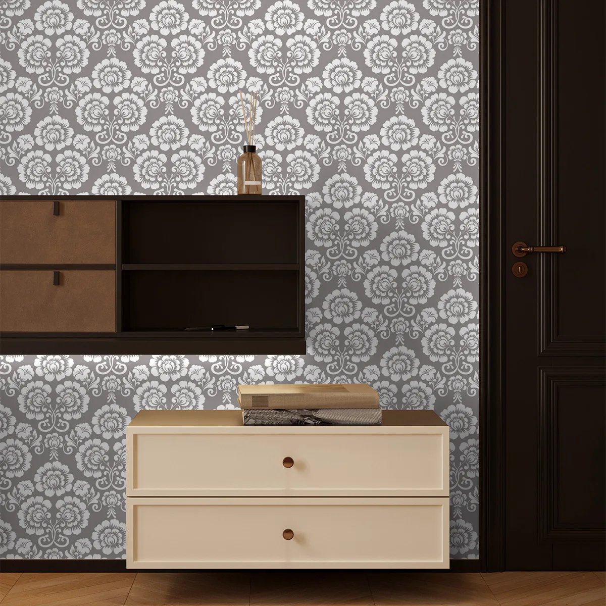 Peel and Stick Wallpaper Vintage Damask Floral Contact Paper Removable Self Adhesive Vinyl Wall Paper for Bedroom Cabinet