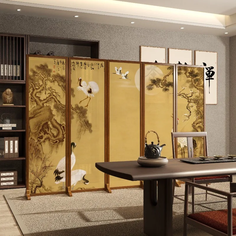 Screen partition living room entrance porch blocking folding mobile Chinese retro zen crane tea room solid wood folding screen