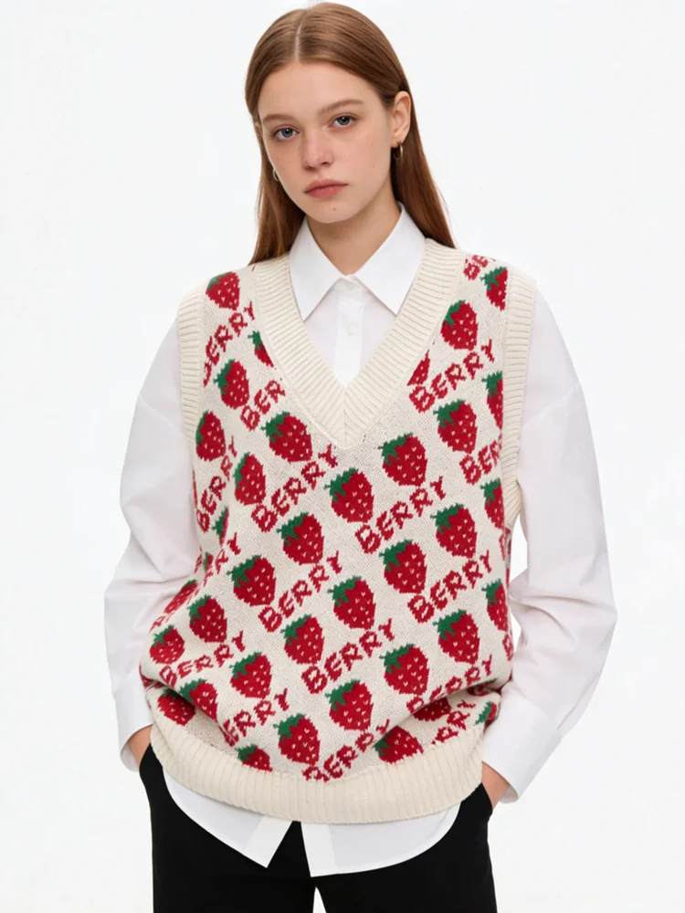 2026 Autumn Korean Style Full Strawberry Knitted Vest For Women Fashion Young Girls Tank Sweater Vest V Neck Pullover Knitwear