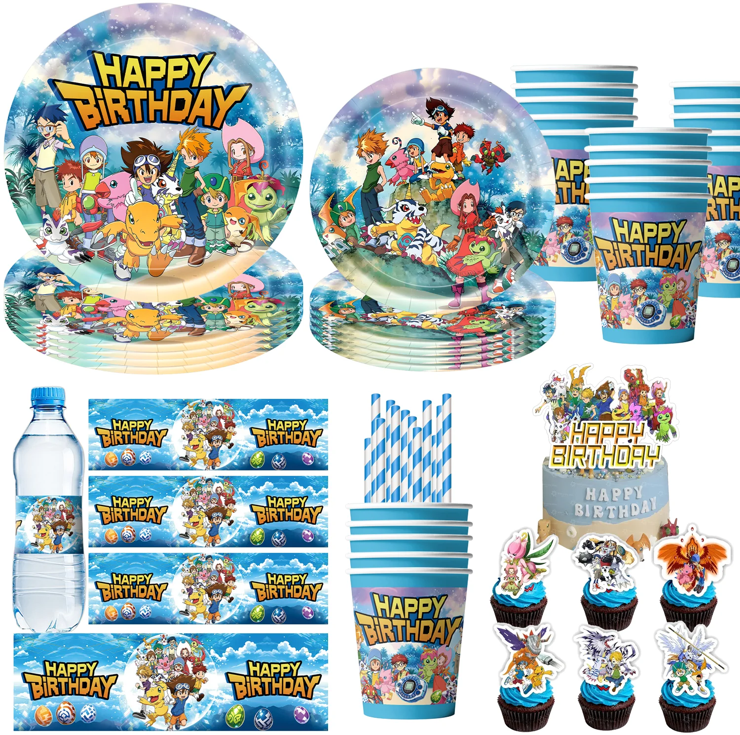 Digital Monster Geburtstagsparty Dekorations-Set mit Tellern und Bechern für Jungen, Partyzubehör, Babyparty-Geschenk, Digi-mon Tortendekoration