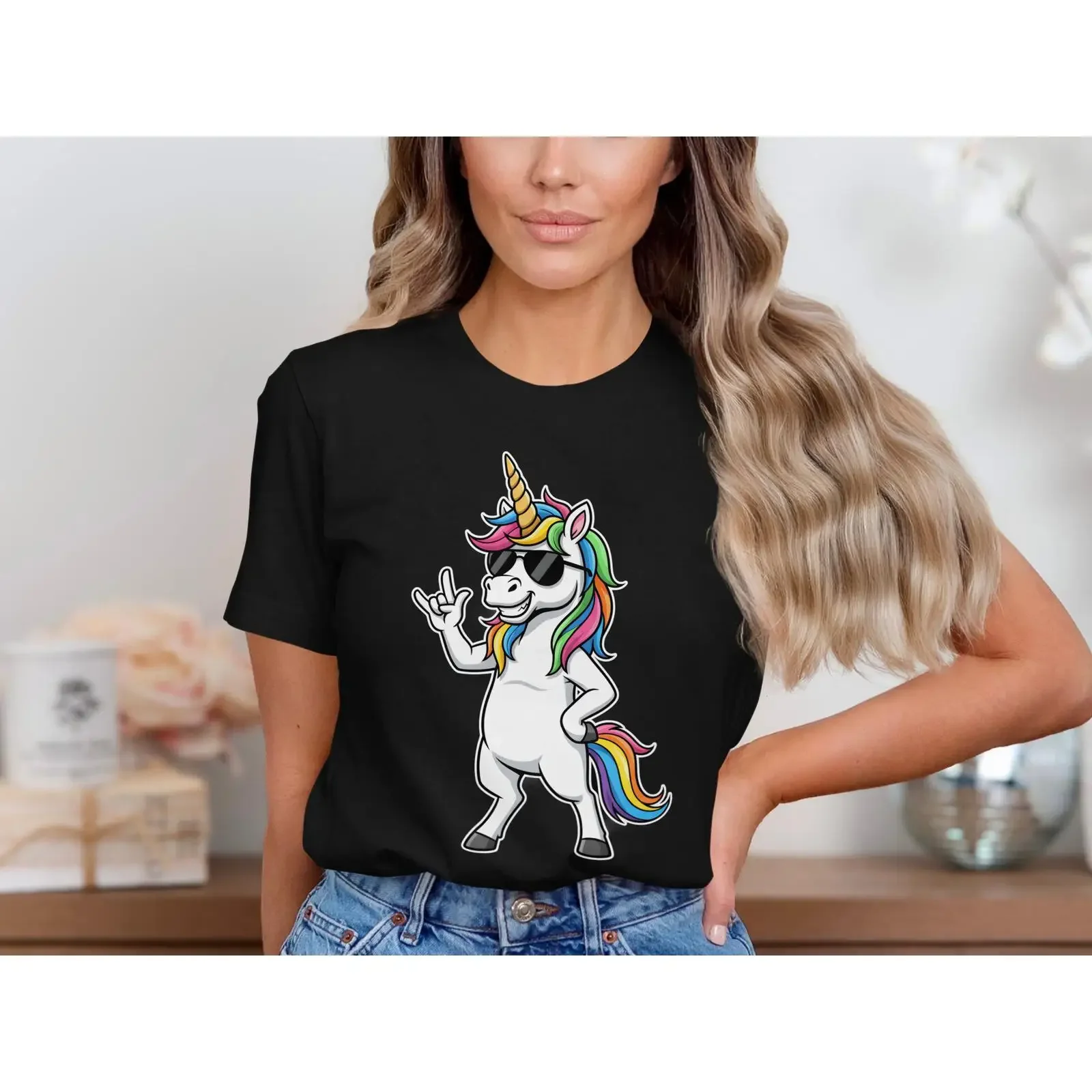 Cool Rock Sign Rainbow Unicorn T Shirt Funny Magical Hip Casual GifT vintage Washed Unisex Versatile fashion designer clothes