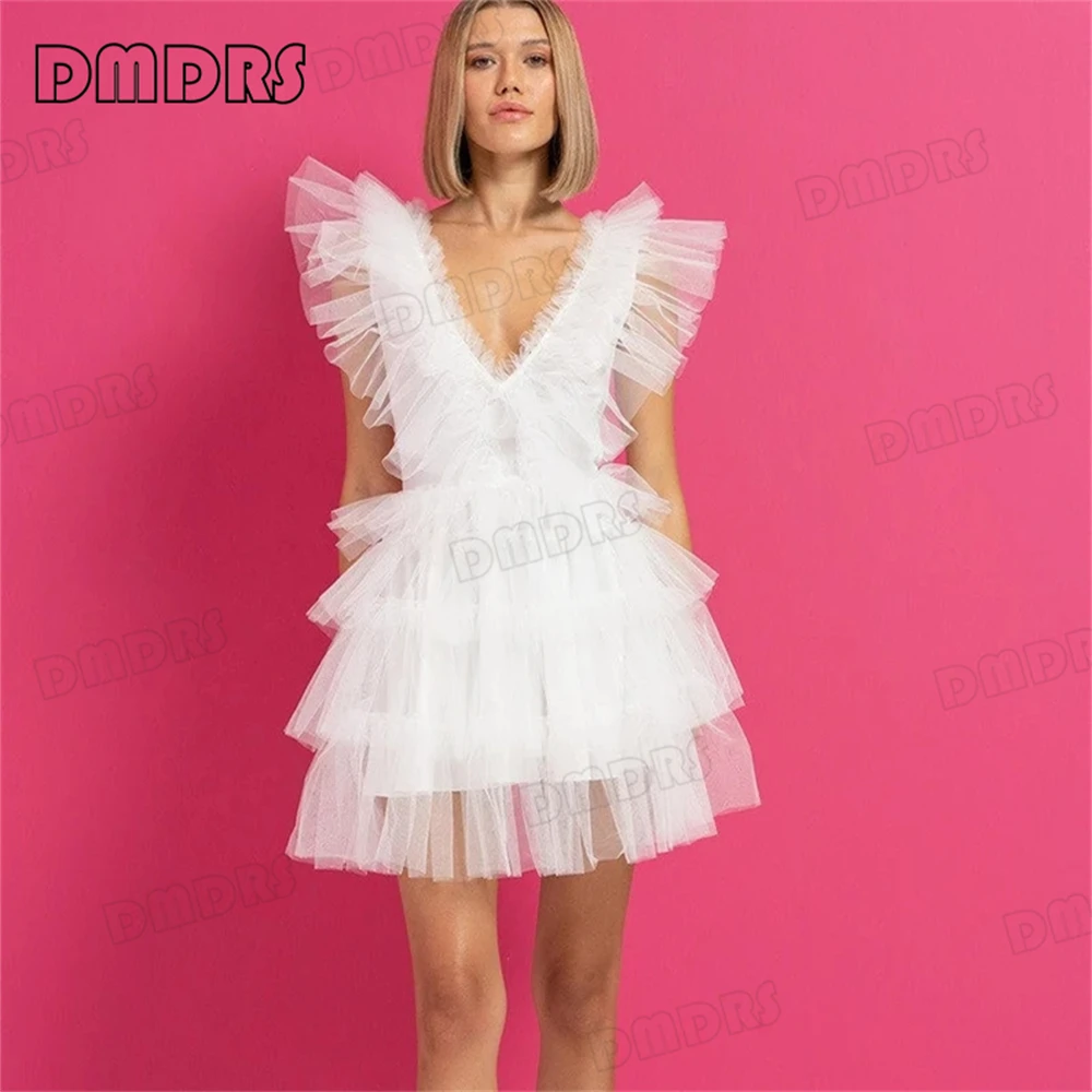 White Layered Tulle Dress Tutu Dresses For Women Ruffle Mini Dresses Sexy Deep V Neck Formal Gown For Cocktail Party