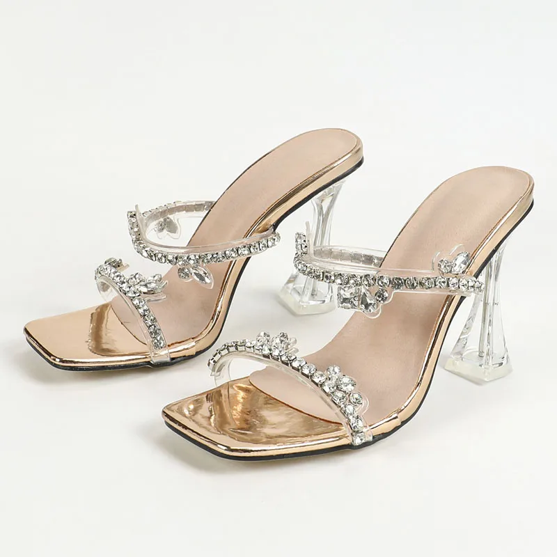 

Sexy Crystal Diamonds Slippers Women Square Toe Party Shoes Summer Ladies Slide Sandals Thin High Heels Zapatos De Mujer WSH5282