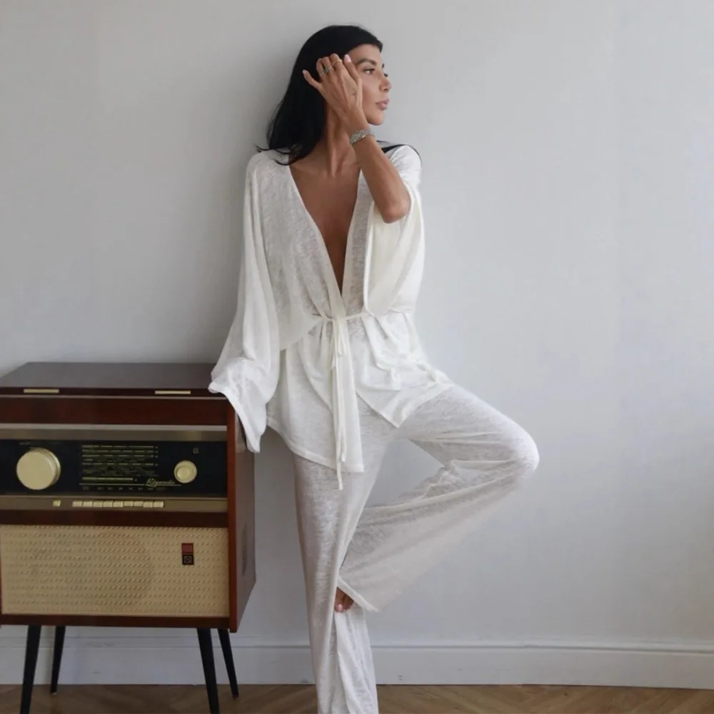 Faul Stil Modal Pyjama Anzug Herbst und Winter Frauen Einfache Feste Lose Weiche Warme Casual Lace Up Strickjacke Breite Bein Hosen 2 stücke