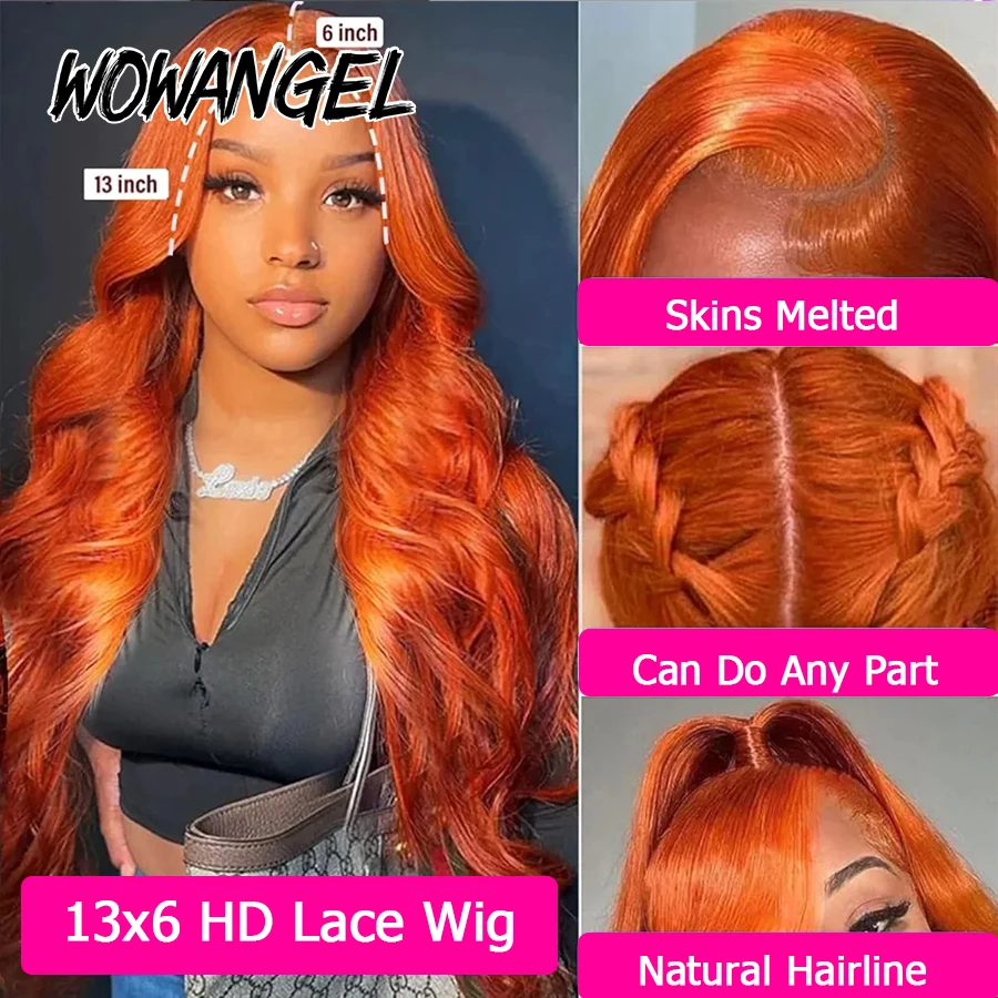 Ginger Orange 13x6 HD Lace Frontal Wigs 250% Body Wave HD Lace Front Wigs Human Hair Pre Plucked Colored Glueless Wigs For Women