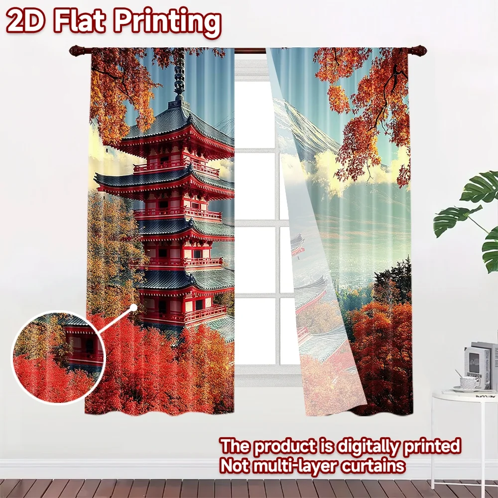2D flat 2pcs Curtain Modern Minimalist Style Autumn Pagoda Mount Fuji Durable polyester fiber Family Party Decoration Use for