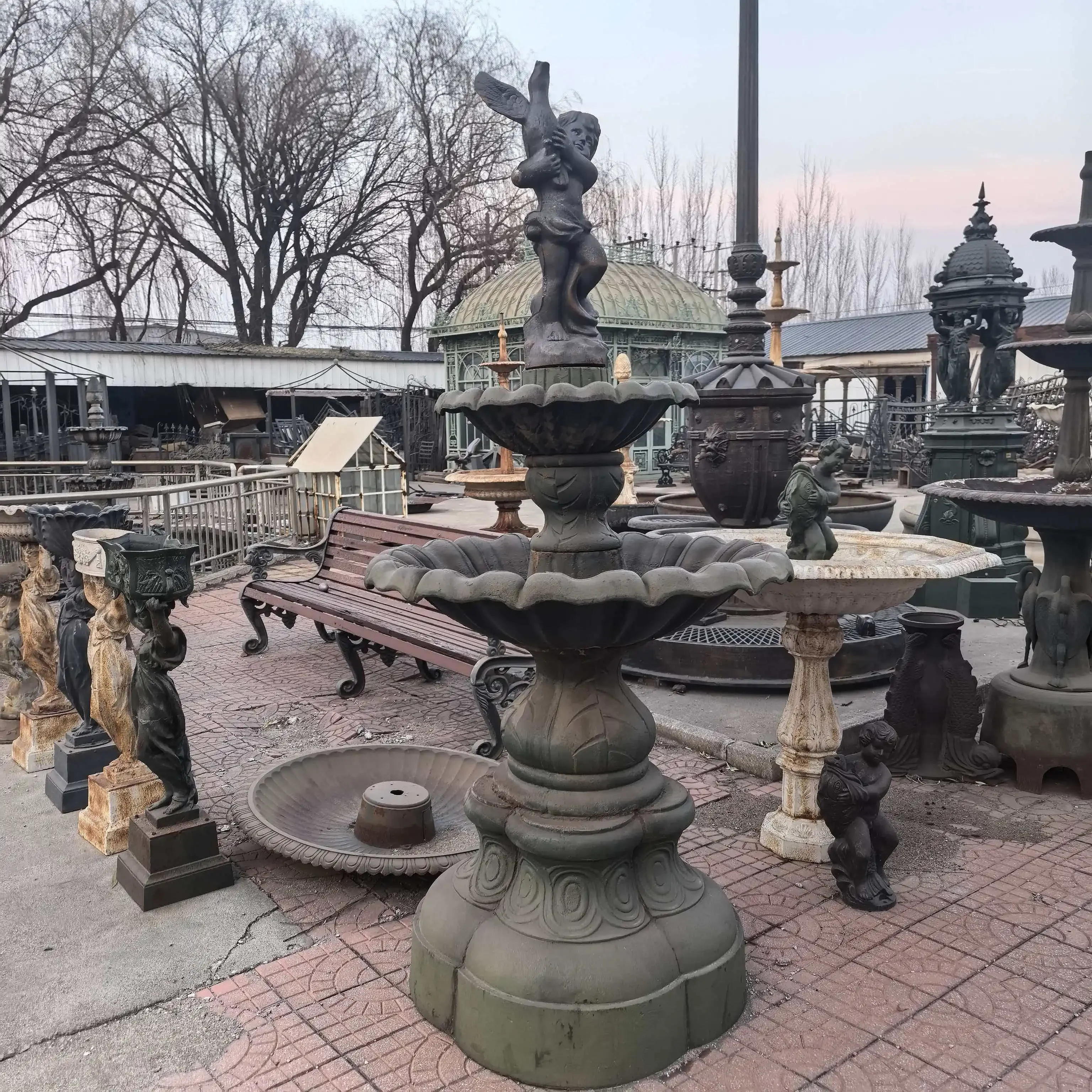 D81 Baiya Craft Cast Iron Angel Fountain Double Layer Lotus Leaf Basin Garden Park Wishing Pool