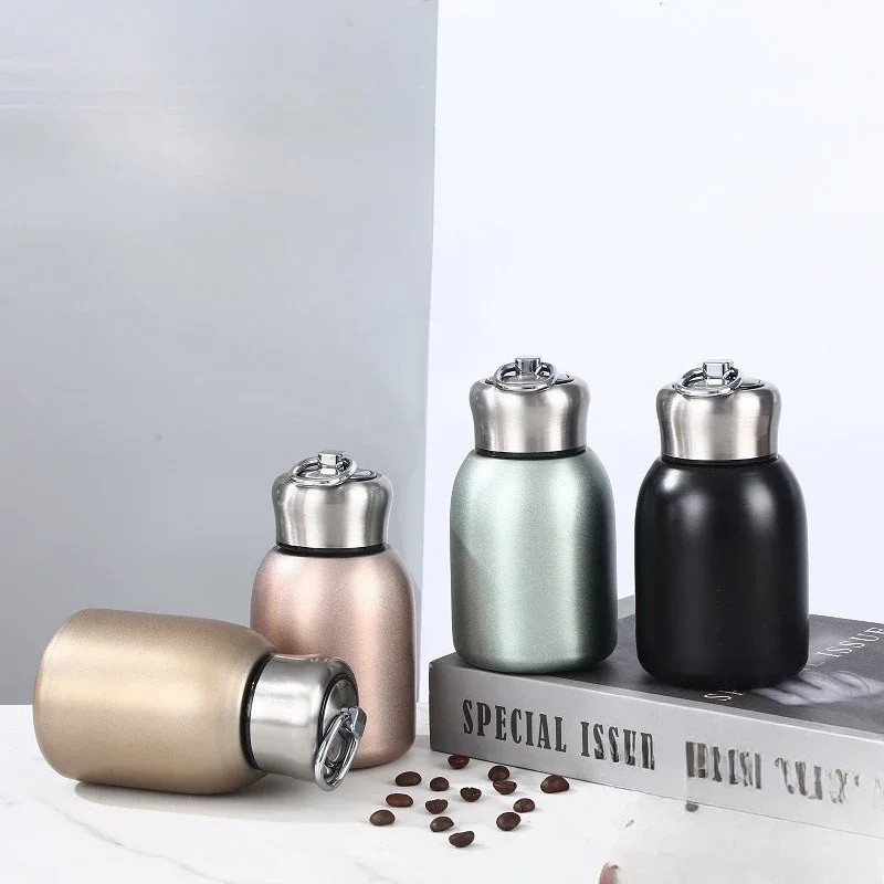 300ml Mini Chubby 316 Stainless Steel Insulated Water Bottle, Gloss Pocket Thermos with Ring Lid for Students Girls