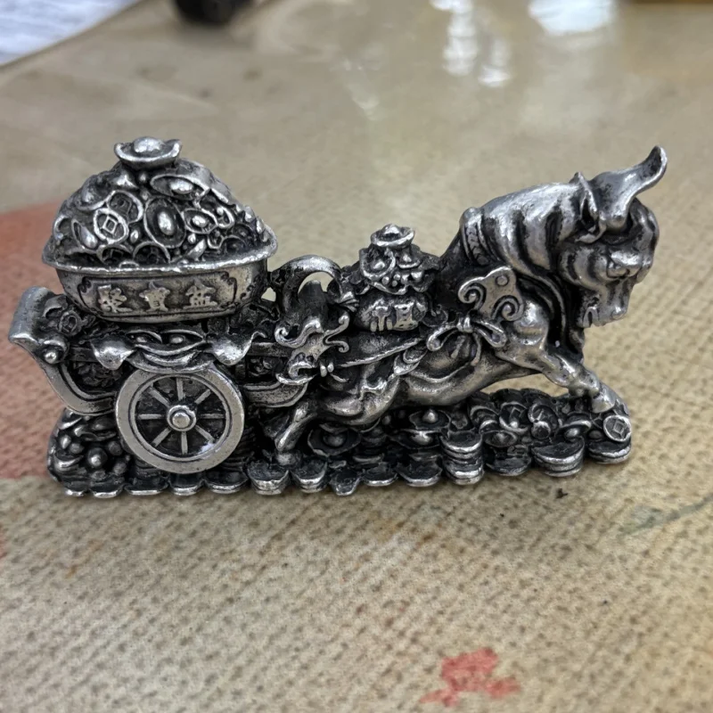 Miscellaneous Collection: , Solid Brass Figurine, Bull Pulling Treasure Basin Ornament, Desktop De