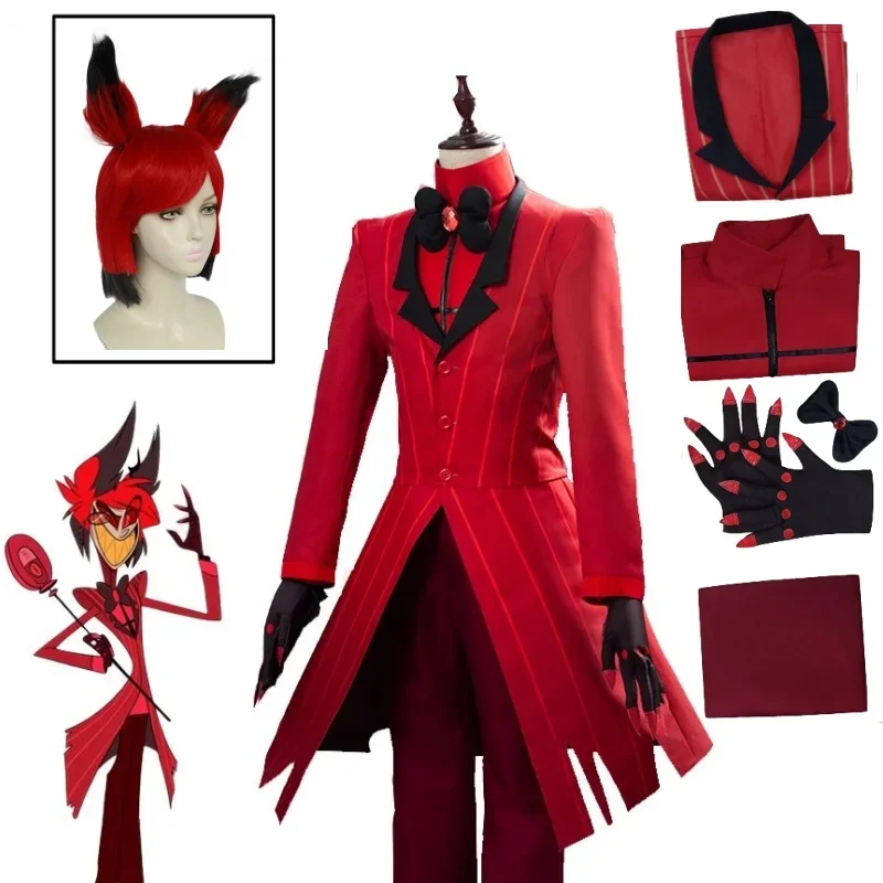 ALASTOR Cosplay Hazbin Anime Cosplay Kostüm Perücke Ohren Hotelschuhe Zubehör Halloween Party Uniform Herren Damen Jacke Roter Anzug