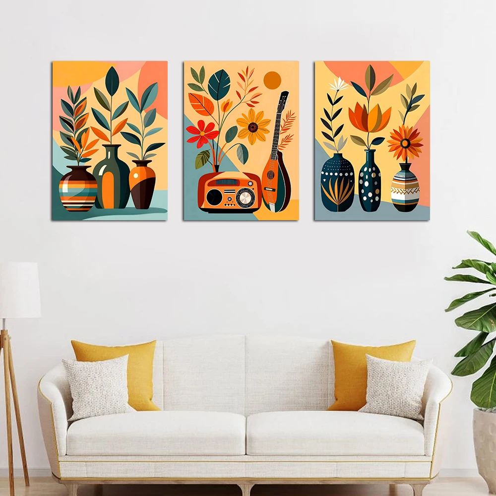 

Set Of 3 Boho Botanical Wall Art Poster Mid-Century Modern Abstract Painting Color Picture Living Room Home Decor Canvas Print