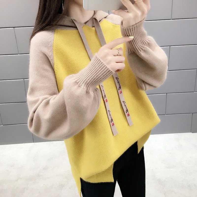 Korean Women Color Blocking Loose Fitting Pullover Knit Autumn Female Long Sleeves Sweaters Tops Ladies New Hooded Knitwear