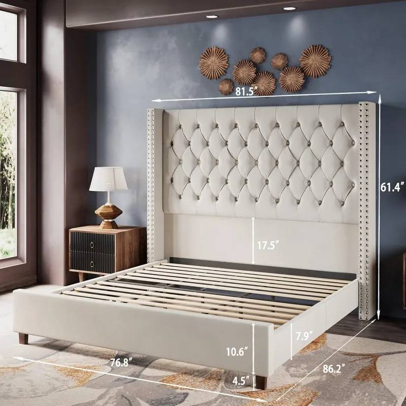 Velvet Upholstered Bed Frame King Size 61.4