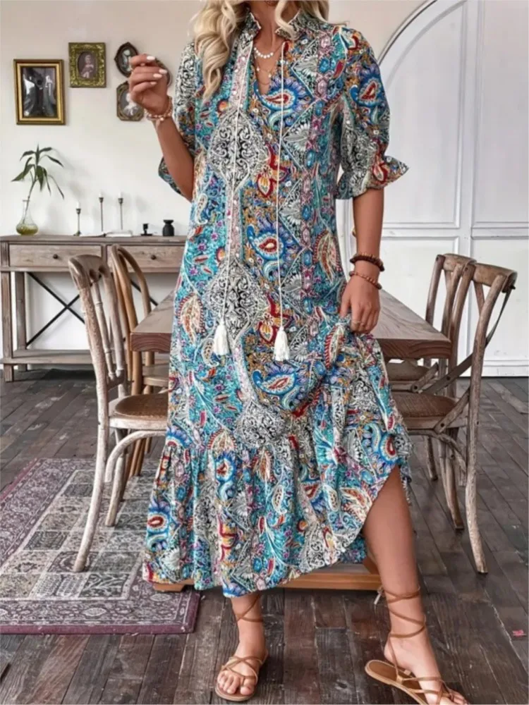 

Boho Print Women Long Dresses Summer V-neck Lace-up Ruffles Hem Splic Sundress Half Sleeve Loose Casual Party Dress Robe Femme