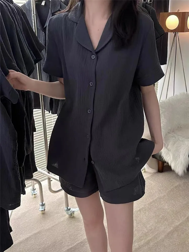 

Korean Style Simple Pure Color Cotton Baby Sleepwear Short Sleeve Shorts Cotton Gauze Set Home Clothes for Women Summer