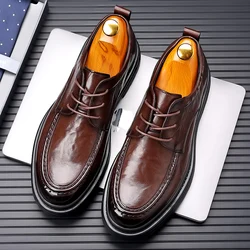 Homens sapatos de couro casual moda clássico brogues luxo genuíno couro artesanal saltos grossos preto masculino casamento formal sapatos