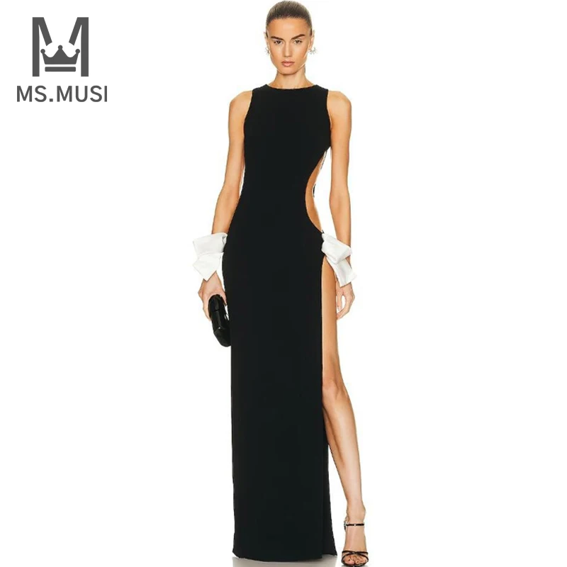 MSMUSI 2024 nueva moda mujer Sexy arco con cordones ahuecado vendaje sin mangas ceñido al cuerpo Fiesta Club ajustado Maxi vestido largo vestido