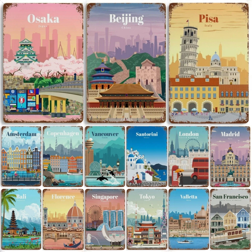 Amsterdam London Iceland Bali Travel Poster Metal  Sign Plaque Retro Plates For Club Man Cave Bar Hotel Cafe Wall Decor