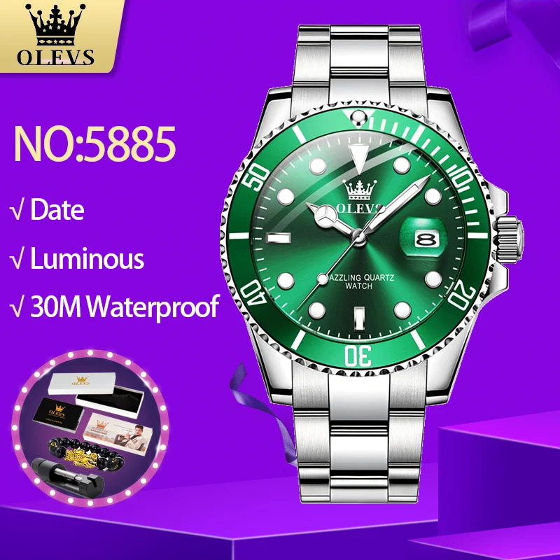 OLEVS 5885 relojes para hombre, correa de acero inoxidable de negocios, reloj de cuarzo verde, calendario resistente al agua, reloj de pulsera luminoso de alta calidad
