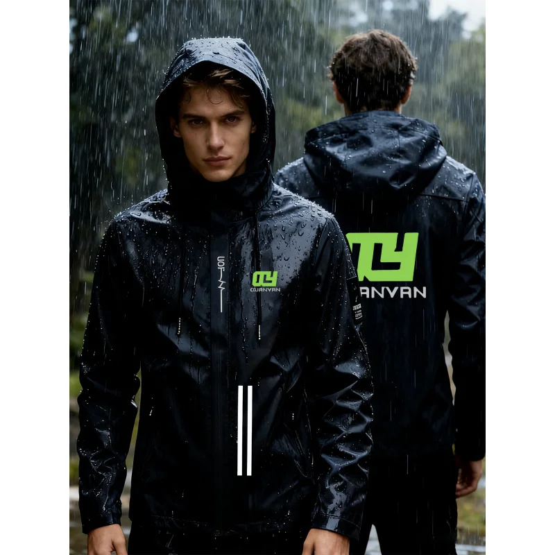 Men's high-quality hooded jacket, fashionable print, waterproof and windproof, zippered pockets, comfortable casual outerwear
