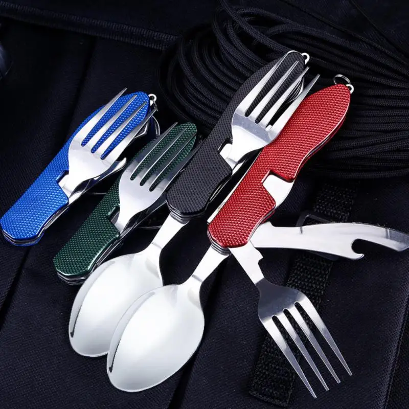 4 em 1 destacável conjunto de talheres utensílios de acampamento aço inoxidável viagem louça conjunto dobrável faca garfo colher abridor de garrafa