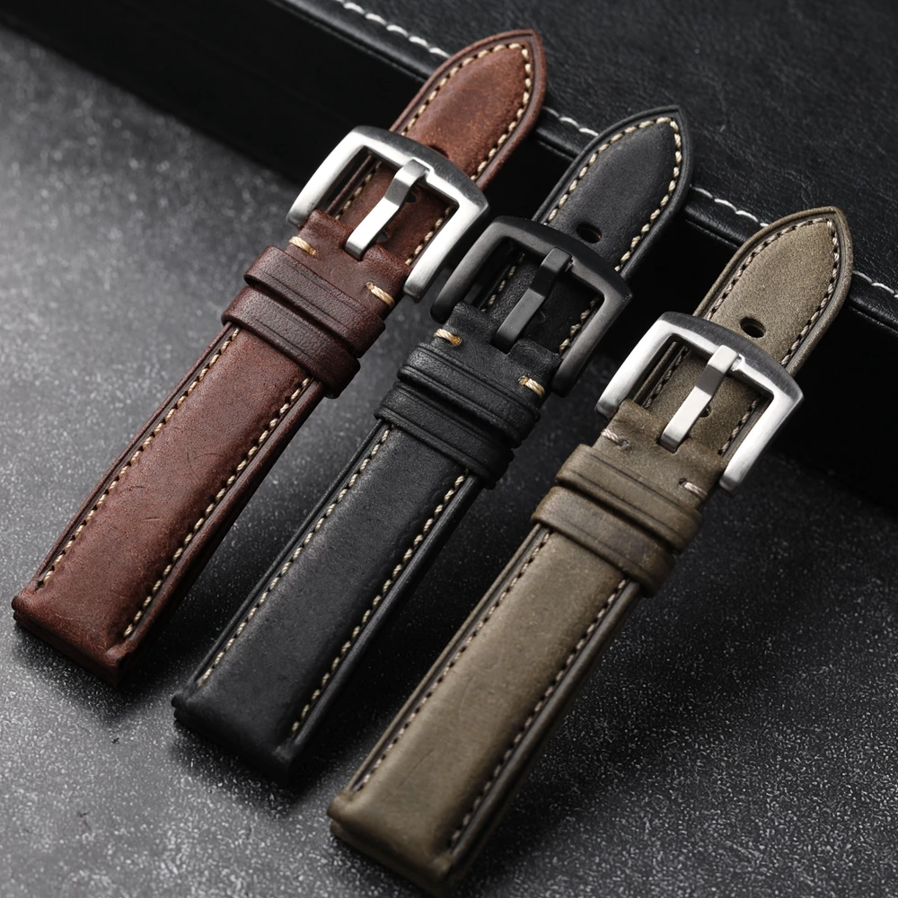 Handmade Head Cowhide Watchband, 18 19 20 21 22mm Brushed Brown Grey Black Cowhide Strap, Italian Leather Men's Bracelet