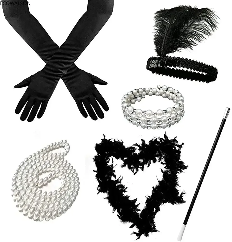

1920s Gatsby Headband Necklace Gloves Multilayer Pearl Bracelet Winding Spiral Bracelet Headband Accessories Set for Women 15
