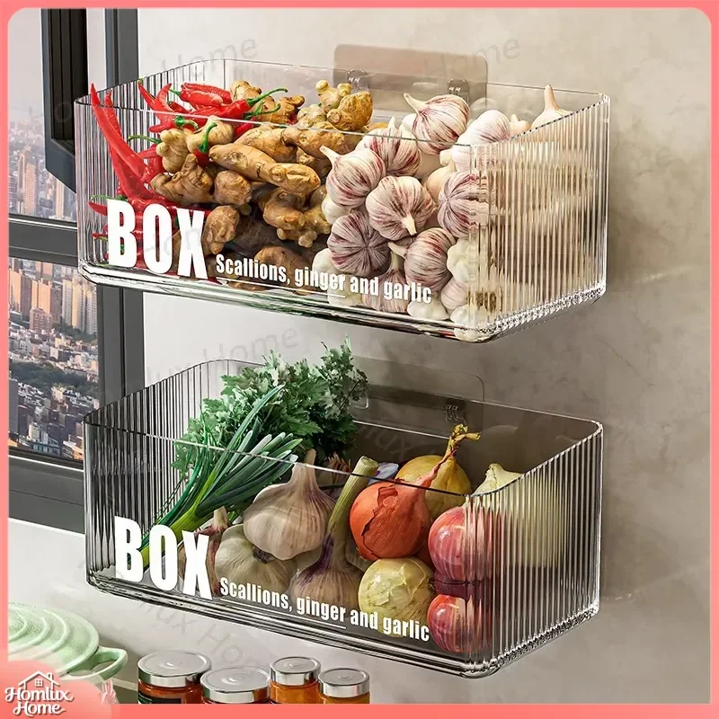 Onion Ginger Garlic Storage Box Kitchen Wall Mounted Vegetable Organizer Rack Non Drilling PET Plastic Food Prep Holder for