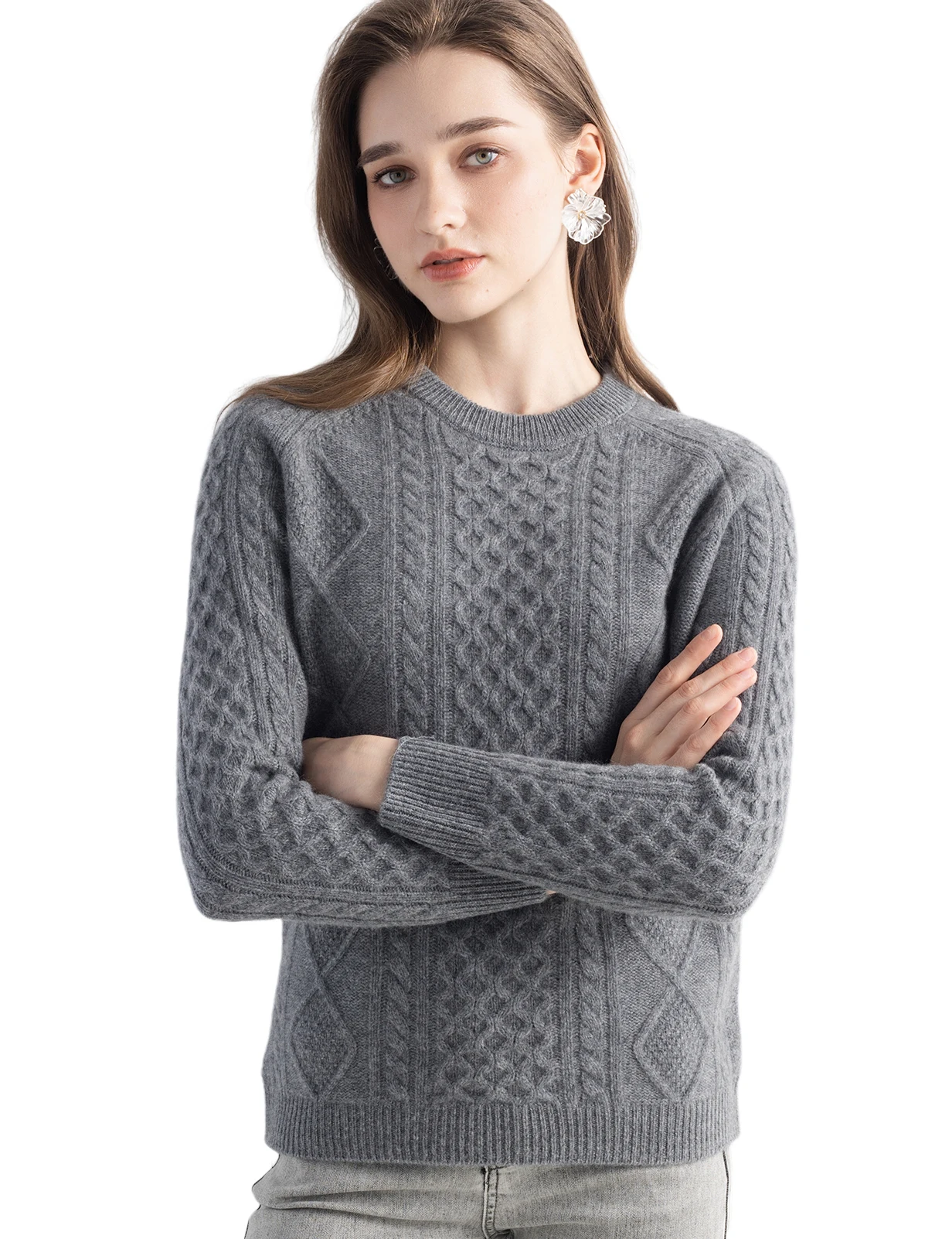 Camisola feminina 100% camisola de caxemira pura outono inverno tripulação pescoço manga longa quente macio cabo pulôver nova malha topos roupas femininas