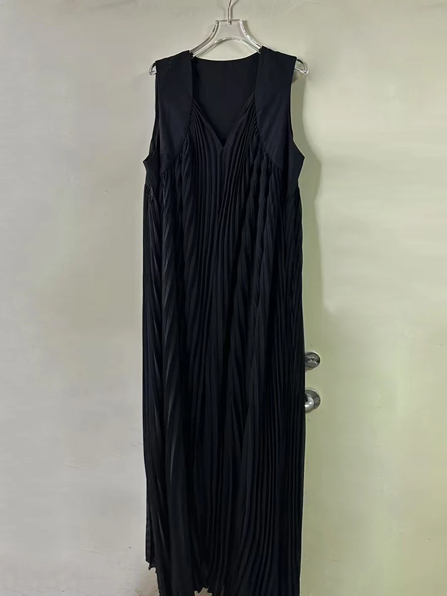 GALCAUR 솔리드 루즈 스플 라이스 폴드 미니멀리즘 드레스 여성용 V 넥 민소매 패치 워크 쉬어 우아한 드레스 여성 의류