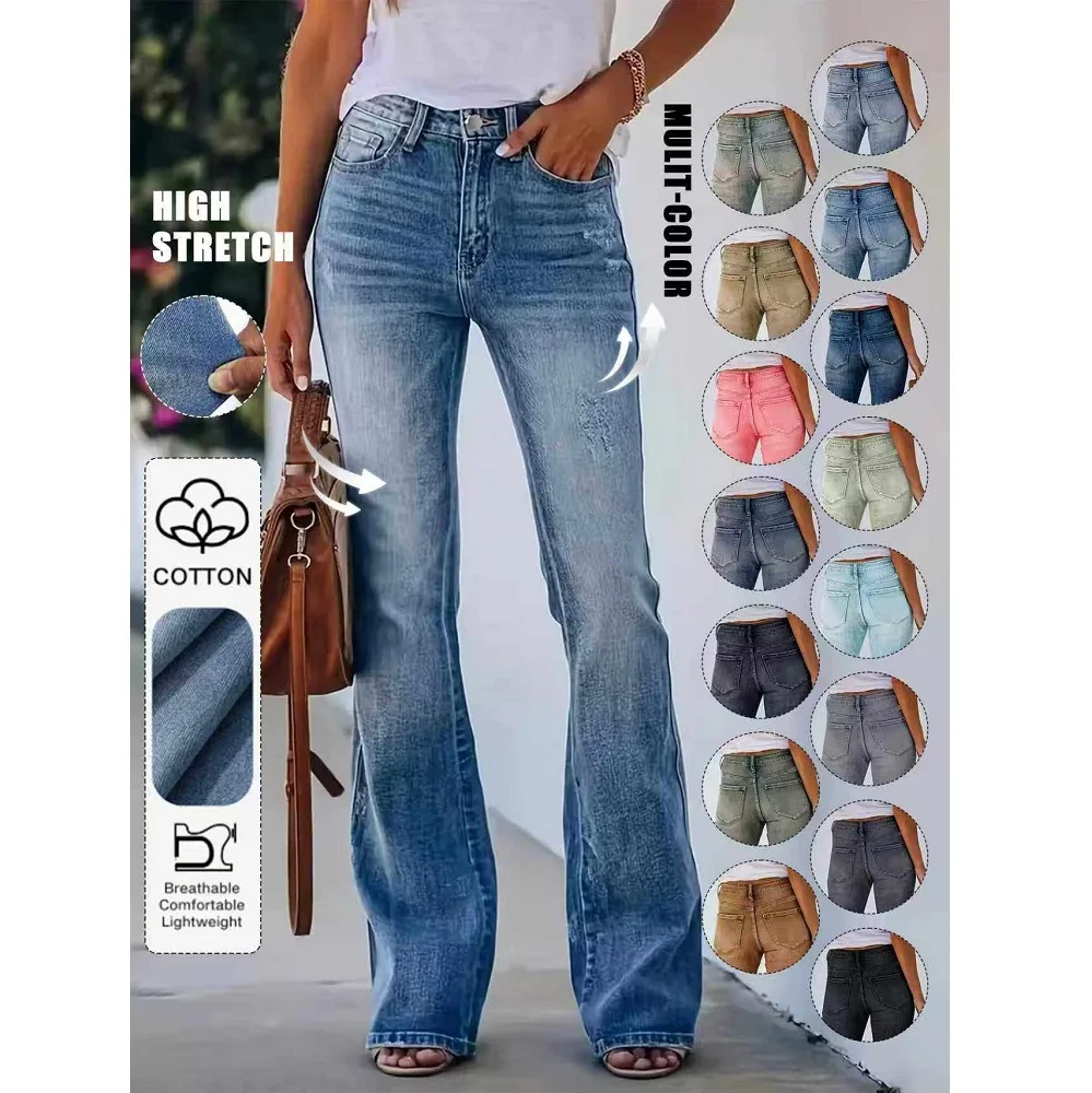 Women Stretch Denim Jeans Ladies Wide Leg Pants Ripped Hole Casual Full Length Long Pants