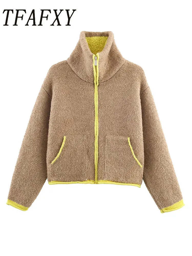 

TFAFXY Women Cardigan Jacket Fall Winter Knitted High Neck Long Sleeve Color Blocked Zipper Loose Coat Female Casual Top ﻿