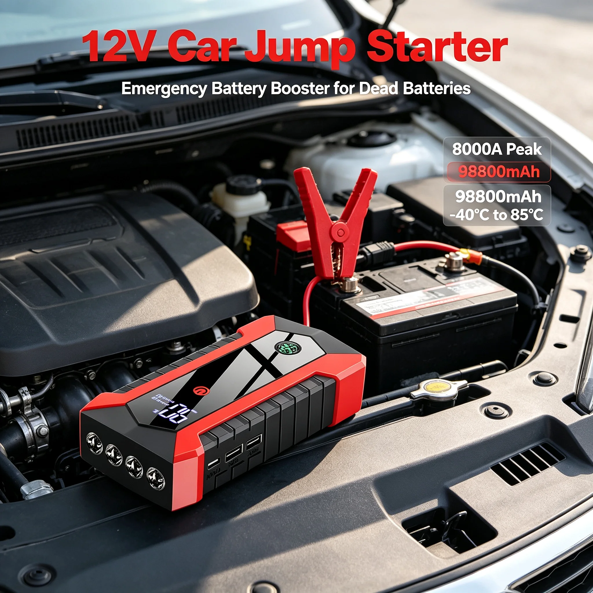 12V Car Jump Starter Kit 8000A Portable Power Bank Emergency Booster with LED Flashlight  Auto Battery Air Compressor for Tires