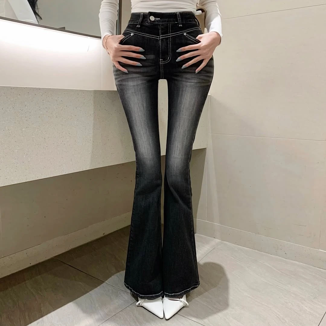 

Женские джинсы с высокой талией, длинные, расклешенные, в пол, эластичные, утягивающие, износостойкие, с самовпитывающими вставками для увеличения объема бедер, в корейском стиле