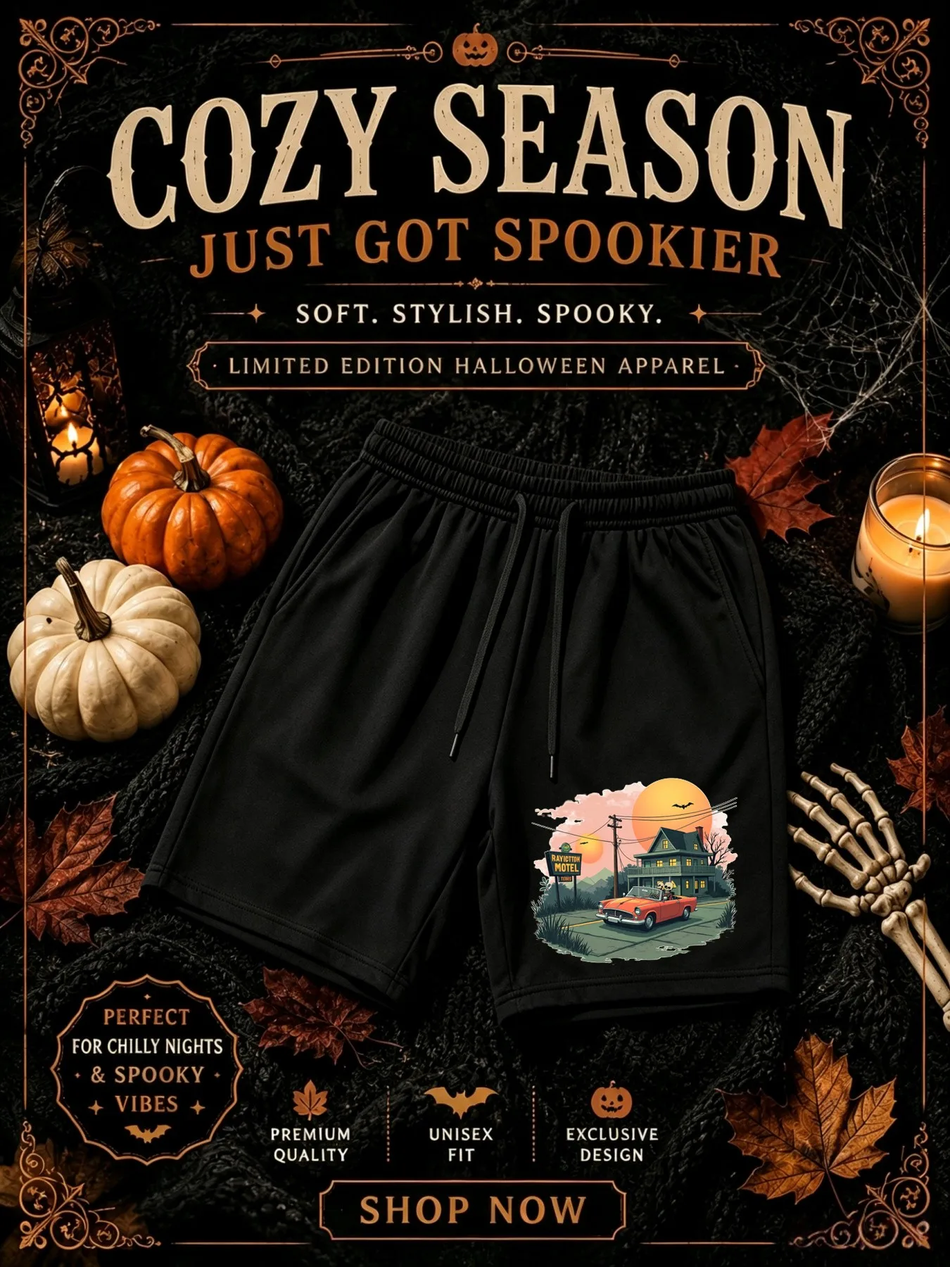 Men's Halloween Shorts with Skeleton Couples Print, Designed By Spooky Motel and Haunted House for Jogging Shorts