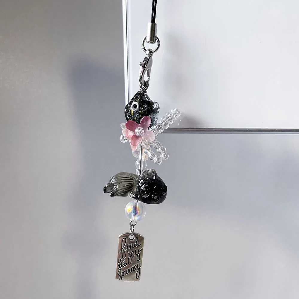 Black Goldfish Phone Charm Chain Pink Flower Star Beads Cute Keychain for Camera Wallet Backpack Decor Jewelry Girl Keyring Gift
