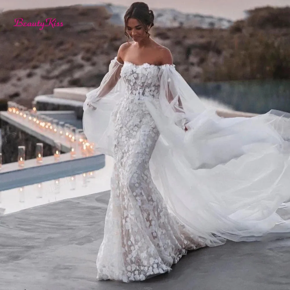 Off Shoulder Mermaid Wedding Dress with Puffy Sleeves Luxury 3D Flowers Long Bridal Dresses White Ivory Boho Wedding Gowns 2023