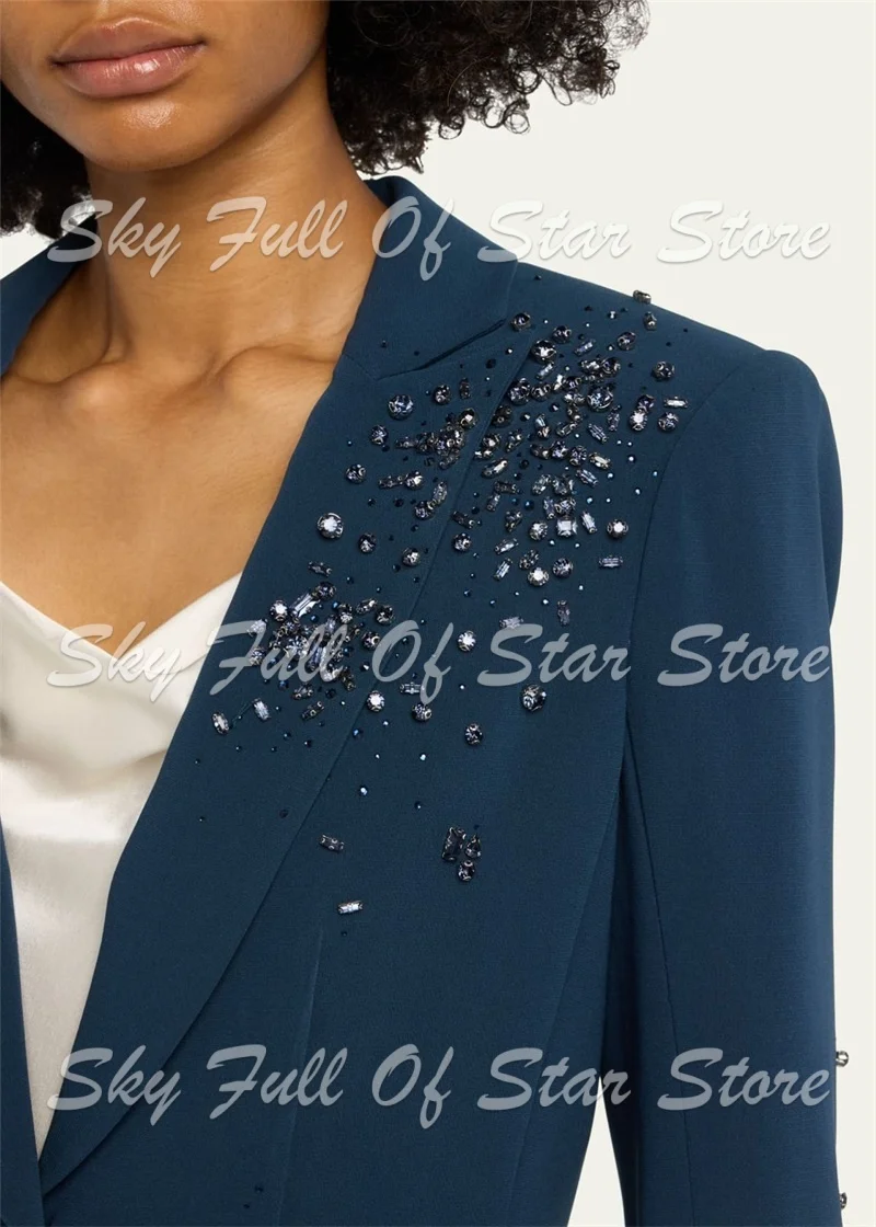Luxury Scattered Crystal Beaded Navy Women Suit Set 2 Pcs Single Button Blazer Flared Pants Formal Cocktail Office Party Outfit