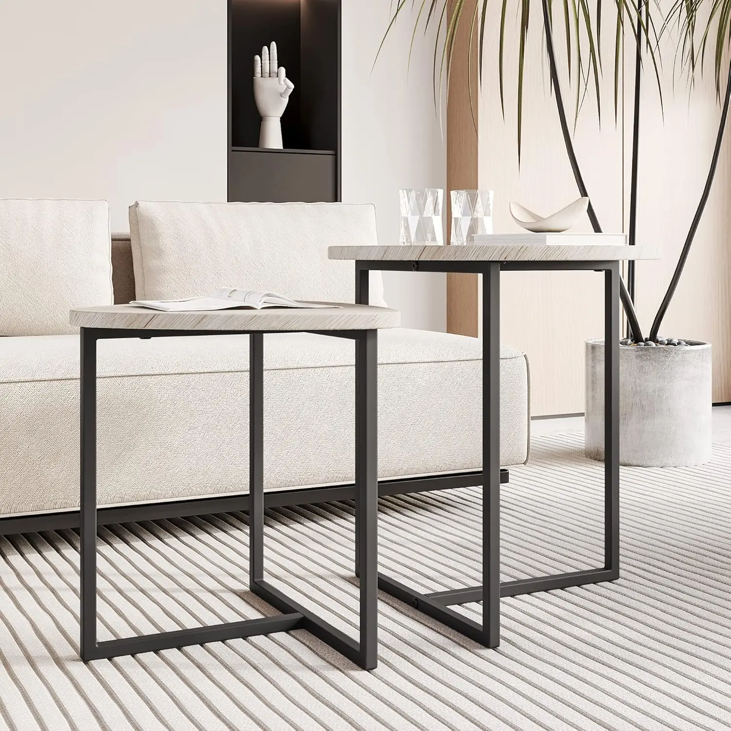 Ensemble de 2 tables basses rondes pour salon, petite table noire, table de salon, cadre en métal, aspect bois, robuste