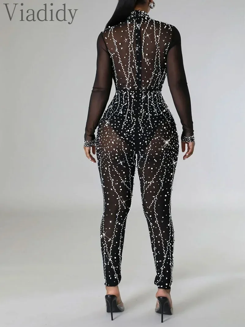 Sexy Solid Color See Through Sheer Mesh Embroidered Flares Rhinestone Decor Skinny Jumpsuits