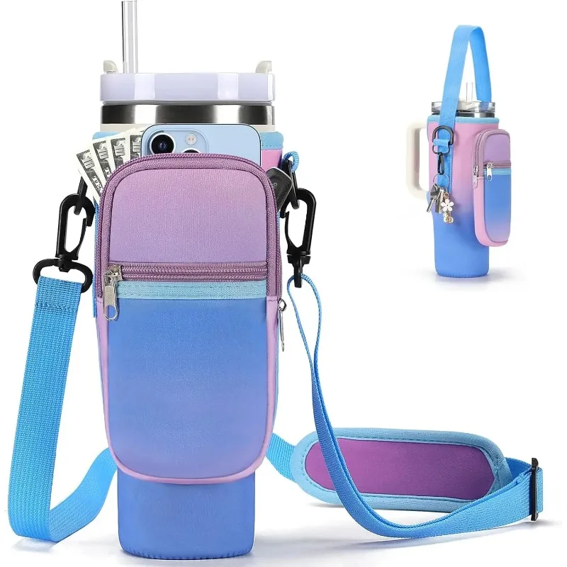 Bolsa Térmica para Garrafa de Água e Copo Térmico com Bolso para Celular, Suporte de Neoprene, Alça de Ombro e Acessórios para
