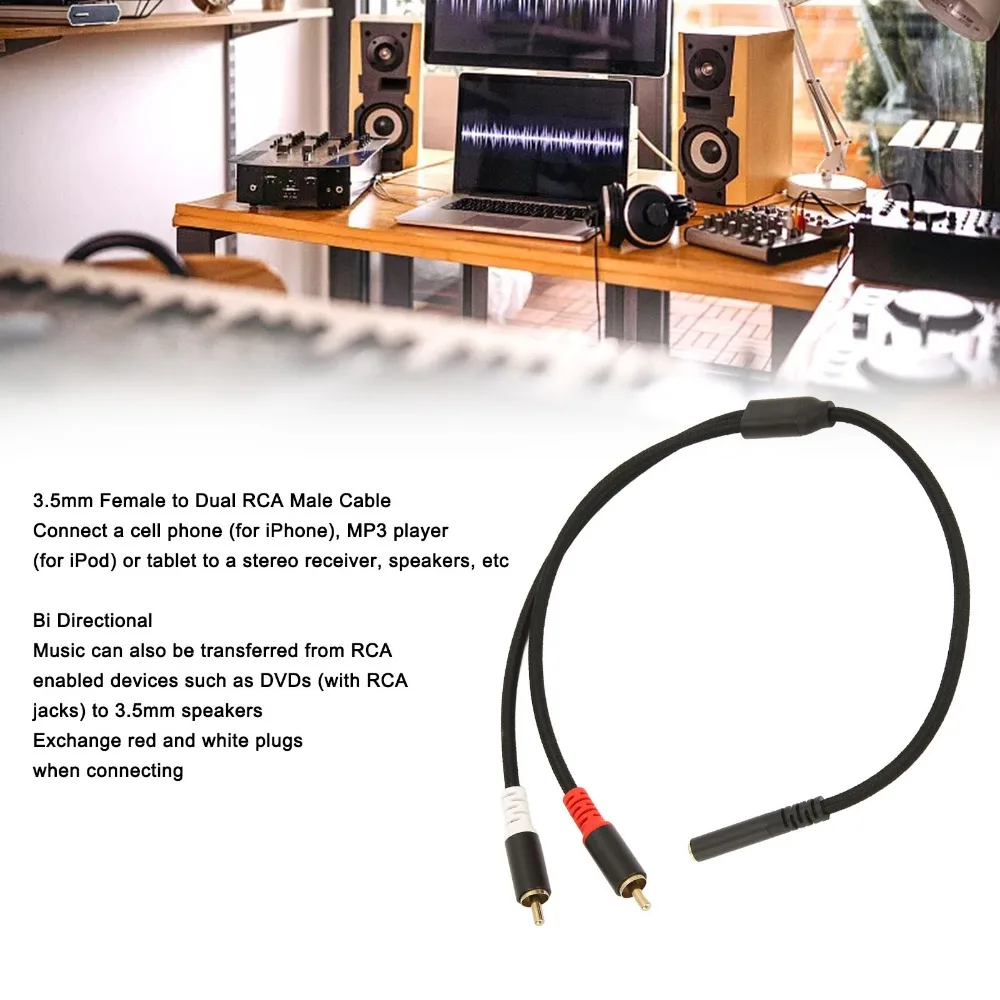 

Gold Plated Stereo 3.5mm to 2RCA Cable Plug and Play 0.3m/0.98ft Female to Male Flexible Sound Y Splitter Cord For MP3 Player
