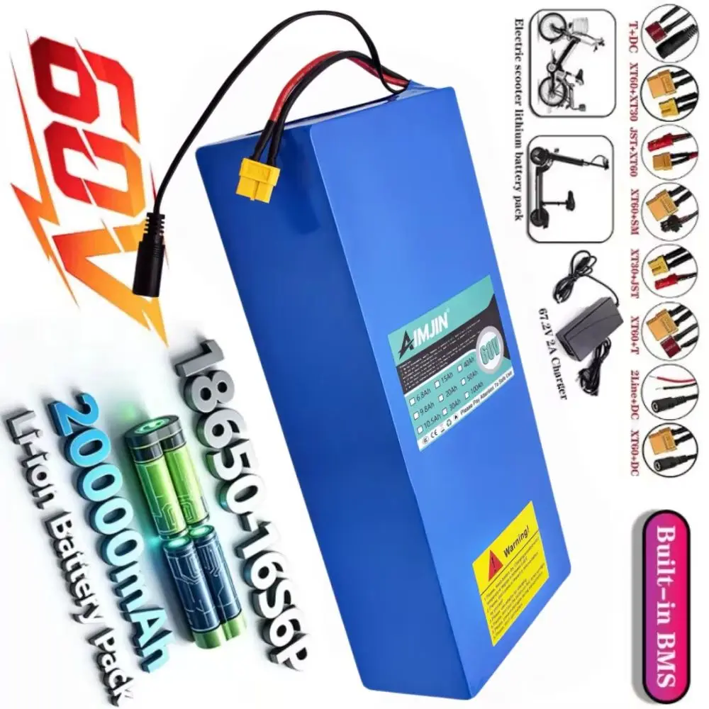 20000mAh 18650 Lithium Battery Pack 60V Rechargeable 16S6P for 250-3000W Devices Compatible 50ABMS 67.2V 2A Charger