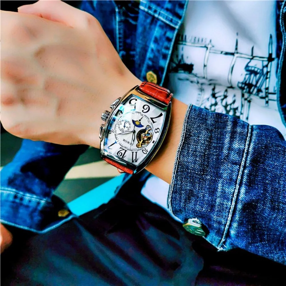 Barrel-Shaped Light Luxury Mechanical Men's Watch, Fully Automatic Winding with Skeleton Flywheel Design, Business Waterproof Luminous Watch, Moon Phase Function Leather Strap Wristwatch, Vintage High-End Men's Watch, Popular Gift for Husband