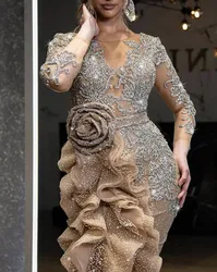 Summer Spring Fashion Women Dress New Women's Sexy Splash Gold Long Sleeve Party Birthday Evening Dress Trailer Dress