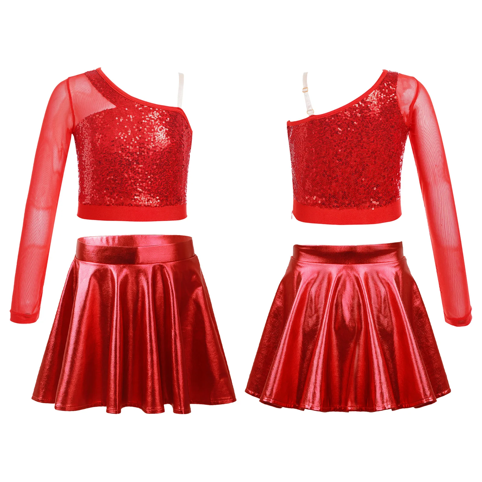 Kinder Meisjes Jazz Dans Cheerleading Podiumkostuum Een Schouder Glanzende Crop Top Met Lovertjes Met Rok Voor Schoolfeest