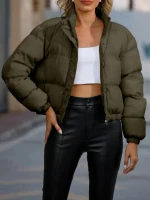 Dames Korte Katoenen Gewatteerde Jas Lange Mouwen Coltrui Warm Casual Loose Fit Herfst Winter Mode Bovenkleding 601