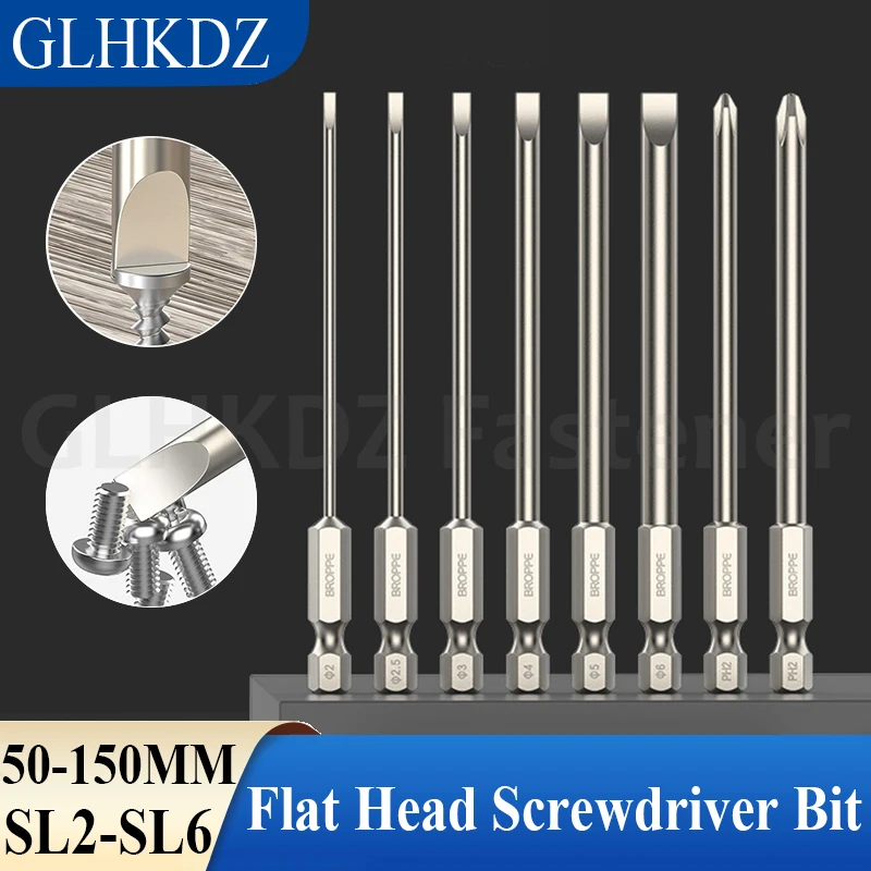 

50/75/100/150mm Flat Head Screwdriver Bit Set 2-6mm Slotted Electric Screwdriver Bit 1/4" Hex Shank Magnetic Driver Bits