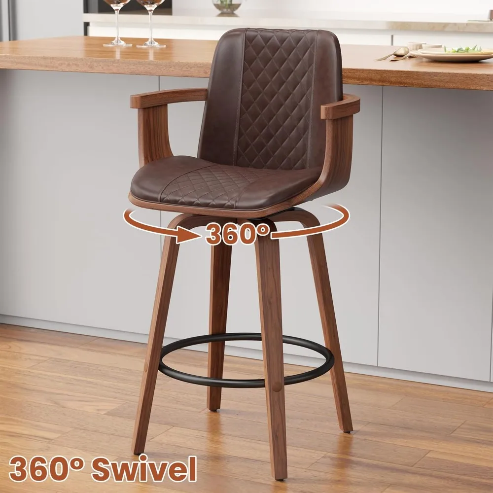 For Swivel Bar Stools Set of 3, 26" Counter Height Barstools with Wood Legs and Backs, Upholstered PU Leather Bentwood Frame Bar