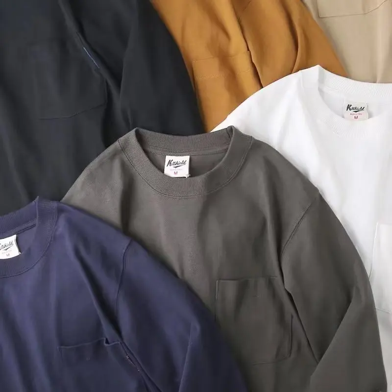 T-shirt a maniche lunghe tascabile basic in stile giapponese per uomo Nuovo pullover in cotone 100% allentato Top Camicie base per coppia primavera autunno